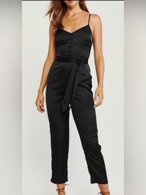 Abercrombie & Finch Spaghetti Strap V-Neck Black Satin-like smocked Jumpsuit XS.